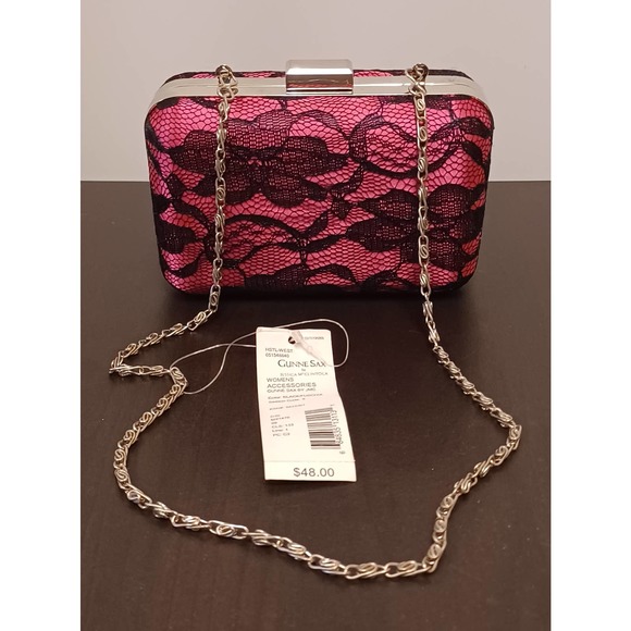 NEW Gunni Sac Fushia Pink with Black Lace Box Purse with Chain Strap - Picture 4 of 5